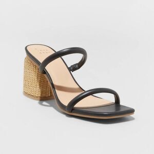 A new day Miley black strappy basket raffia woven block heel sandals shoes 9.5